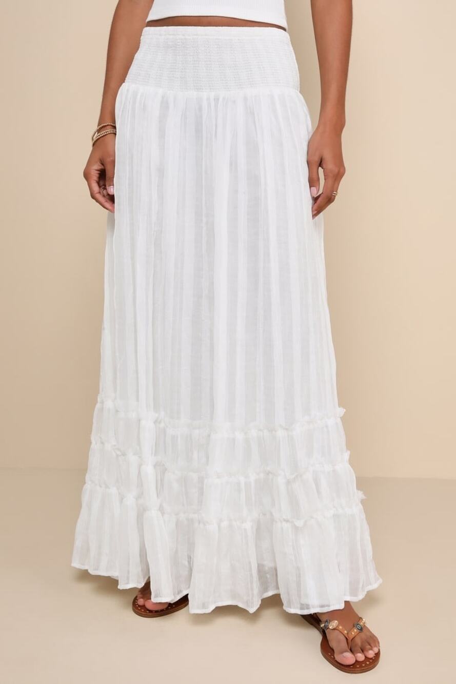 New Lulus Sunny White Smocked Tiered High-Waisted Midi Skirt Size Small MSRP $59